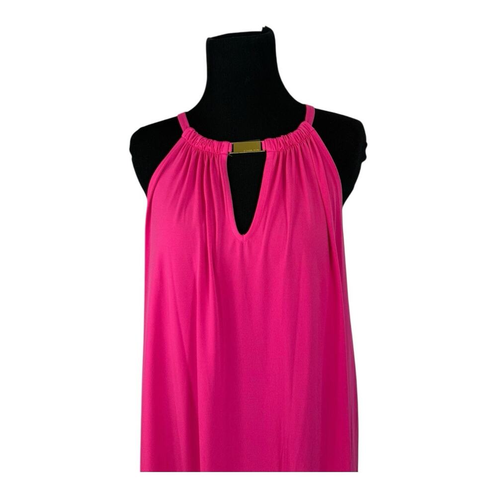 Michael Kors Women Midi Dress Fuscia Halter Neck Asym Hem Gold Trim Sz Med NWT - Picture 2 of 8